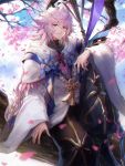  1boy absurdres black_pants cape fate/grand_order fate_(series) hair_between_eyes highres holding holding_staff honyaru_(nanairo39) looking_at_viewer male_focus merlin_(fate) neck_ribbon pants parted_lips petals red_ribbon ribbon silver_hair solo staff violet_eyes white_cape 