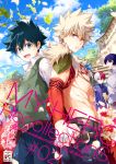  6+boys :d all_might alternate_costume bakugou_katsuki belt blonde_hair blue_hair blue_legwear boku_no_hero_academia brown_belt burn_scar clouds commentary_request copyright_name day detached_sleeves english_text eyebrows_visible_through_hair facial_hair fire flower freckles from_side glasses green_eyes green_hair hair_between_eyes hand_holding highres iida_tenya jewelry looking_at_viewer midoriya_izuku multicolored_hair multiple_boys muscle necklace omega_2-d open_mouth outdoors pants red_eyes red_flower redhead scar shirt short_hair smile spiky_hair todoroki_enji todoroki_shouto two-tone_hair upper_teeth white_flower white_hair white_shirt 