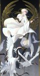  1boy ana_bi animal armor bird black_gloves chains closed_mouth commentary_request crane_(animal) flying from_behind full_body gloves highres hood hood_down japanese_armor japanese_clothes kusazuri looking_at_viewer looking_back male_focus partly_fingerless_gloves solo touken_ranbu tsurumaru_kuninaga white_hair yellow_eyes 