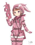  1girl animal_ears animal_hat artist_name bangs blush brown_hair bullpup commentary_request eyebrows_visible_through_hair fur_trim gloves gun hat highres holding jacket llenn_(sao) long_sleeves looking_at_viewer p-chan_(p-90) p90 pants pink_gloves pink_headwear rabbit_ears short_hair signature simple_background smile solo submachine_gun sword_art_online sword_art_online_alternative:_gun_gale_online weapon white_background yumoto_motoyu 