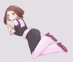  1girl ass blush blush_stickers bodysuit boku_no_hero_academia boots breasts brown_eyes brown_hair commentary_request from_side full_body grey_background hanamame high_heel_boots high_heels highres looking_at_viewer medium_breasts own_hands_together short_hair sidelocks simple_background solo uraraka_ochako 