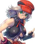  1girl alisa_ilinichina_amiella amania_orz bare_shoulders breasts cabbie_hat elbow_gloves fingerless_gloves gloves god_eater green_eyes hat large_breasts long_hair looking_at_viewer navel silver_hair skirt sleeveless solo suspender_skirt suspenders under_boob 