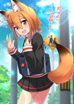  1girl :d animal_ear_fluff animal_ears bag bangs black_serafuku black_shirt black_skirt blue_sky blurry blurry_background blush brown_hair clouds commentary_request day depth_of_field eyebrows_visible_through_hair fang fox_ears fox_girl fox_tail hair_between_eyes hair_ornament hairclip hands_up highres long_sleeves looking_at_viewer looking_back minowa_sukyaru open_mouth original outdoors pleated_skirt pole power_lines red_eyes road_sign sailor_collar school_bag school_uniform serafuku shirt sign skirt sky smile solo tail white_sailor_collar 