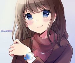  1girl bangs blue_background blue_eyes blush brown_hair brown_jacket closed_mouth commentary_request eyebrows_visible_through_hair gradient gradient_background grey_background hair_between_eyes hand_up jacket klasse14 long_hair long_sleeves looking_at_viewer minami_saki original red_sweater ribbed_sweater smile solo sweater upper_body watch watch 