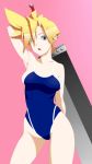  1girl asurin blonde_hair blue_eyes breasts buster_sword cloud_strife commentary_request final_fantasy final_fantasy_vii genderswap genderswap_(mtf) groin highres looking_at_viewer school_swimsuit short_hair simple_background solo spiky_hair swimsuit sword weapon 