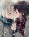  2girls aoba_moka aqua_scarf bang_dream! bangs black_hair blue_sweater blush closed_eyes coat eyebrows_visible_through_hair grey_background grey_coat grey_hair grey_sweater hand_holding interlocked_fingers mitake_ran mizukikushou multicolored_hair multiple_girls nail red_scarf redhead scarf short_hair smile snow streaked_hair sweater winter_clothes winter_coat yuri 