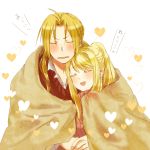  1boy 1girl ahoge bangs blanket blonde_hair blush closed_eyes dress_shirt edward_elric eyebrows_visible_through_hair fullmetal_alchemist heart nervous open_mouth shared_blanket shirt simple_background sweatdrop sweater translation_request tsukuda0310 under_covers v-shaped_eyebrows white_background winry_rockbell 