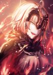  1girl :d ahoge black_cape blonde_hair cape chains fate/grand_order fate_(series) fire fur-trimmed_cape fur_trim hair_between_eyes headpiece highres jeanne_d&#039;arc_(alter)_(fate) jeanne_d&#039;arc_(fate)_(all) looking_at_viewer open_mouth short_hair smile solo upper_body x_key_s yellow_eyes 