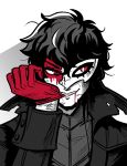  1boy absurdres adjusting_clothes amamiya_ren black_hair blood gloves highres jacket male_focus mask monochrome nintendo persona persona_5 red_eyes red_gloves scruffyturtles short_hair simple_background smile solo super_smash_bros. 