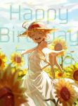  1girl ahoge blue_sky blurry blurry_background blush character_name closed_eyes clouds day dress emma_(yakusoku_no_neverland) facing_viewer flower happy happy_birthday hat highres mao_(pixiv_id_21075262) neck_tattoo orange_hair outstretched_hand petals short_hair sky smile solo standing straw_hat sun_hat sunflower tattoo white_dress yakusoku_no_neverland 