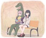  2girls animal_costume bench black_hair black_skirt cardigan commentary_request crossed_arms earphones earphones jacket kaijuu lavender_hair long_hair lyy magazine microskirt multiple_girls park_bench purple_jacket reading scrunchie shared_earphones shinjou_akane sitting sketch skirt sleeves_past_wrists ssss.gridman takarada_rikka white_cardigan wrist_scrunchie 