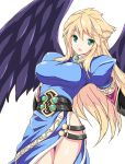  1girl angel_wings blonde_hair blue_eyes breasts breath_of_fire breath_of_fire_ii commentary_request dress long_hair looking_at_viewer nina_(breath_of_fire_ii) purple_wings side_slit simple_background solo white_background wings 