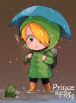  ! 1boy backpack bag blonde_hair chibi child english_text frog highres male_focus one_piece rain sanji umbrella yuu_shishio 