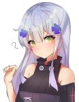  1girl ? bangs bare_shoulders black_shirt blush closed_mouth commentary eyebrows_visible_through_hair fingernails girls_frontline green_eyes hair_between_eyes hair_ornament hand_up highres hk416_(girls_frontline) long_hair meow_nyang purple_hair shirt short_sleeves shoulder_cutout simple_background solo upper_body white_background 
