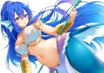  1girl arm_strap bangs bare_shoulders bikini blue_eyes breasts cleavage commentary dutch_angle english_commentary eyebrows_visible_through_hair hair_between_eyes head_fins high_ponytail highres holding holding_staff large_breasts loincloth long_hair looking_at_viewer matsunoki_(unknown_751) mermaid monster_girl navel original showgirl_skirt simple_background solo staff stomach strapless strapless_bikini swimsuit v-shaped_eyebrows very_long_hair white_background white_bikini 