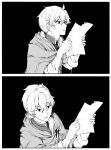  1boy black_background cloak fate/grand_order fate_(series) greyscale highres holding holding_paper long_hair low_ponytail meme monochrome paper reading romani_archaman syatey winnie_the_pooh_reading_(meme) 