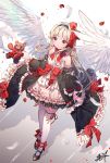  1girl bare_shoulders black_hairband black_sleeves blonde_hair blush bow closed_mouth detached_sleeves dress feathered_wings feathers frilled_dress frills hair_bow hairband holding holding_stuffed_animal juliet_sleeves kuri_choko long_hair long_sleeves original petals puffy_sleeves red_bow red_eyes red_ribbon ribbon ribbon-trimmed_dress sample shadow signature solo standing strapless strapless_dress stuffed_animal stuffed_toy teddy_bear thigh-highs very_long_hair white_dress white_feathers white_legwear white_wings wide_sleeves wings 