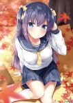  1girl arm_support artist_name autumn autumn_leaves bangs blue_eyes blue_hair blue_sailor_collar blue_skirt blurry blush bokeh book breasts closed_mouth collarbone day depth_of_field hair_ribbon hand_up karutamo kneehighs large_breasts leaf long_hair long_sleeves looking_at_viewer maple_leaf miniskirt necktie original pleated_skirt ribbon sailor_collar school_uniform serafuku shirt short_necktie sidelocks sitting skirt smile solo sunlight taut_clothes taut_shirt tree two_side_up white_legwear white_shirt yellow_neckwear yellow_ribbon 