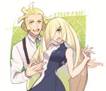 1boy 1girl :d artist_name bare_arms bare_shoulders blonde_hair blush breasts collared_shirt creatures_(company) dress forehead game_freak green_eyes green_neckwear hair_over_one_eye husband_and_wife kusuribe long_hair long_sleeves looking_at_viewer lusamine_(pokemon) mature medium_breasts mohn necktie nintendo open_mouth pokemon pokemon_(game) pokemon_sm round_teeth shirt sleeveless sleeveless_dress smile suspenders teeth two-tone_dress upper_body upper_teeth v-shaped_eyebrows very_long_hair white_shirt 
