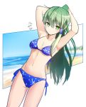  1girl armpits arms_behind_head arms_up bikini blue_bikini blue_ribbon breasts cleavage dutch_angle eyebrows_visible_through_hair green_eyes green_hair hair_between_eyes hair_tubes high_ponytail highres kochiya_sanae long_hair looking_at_viewer medium_breasts navel print_bikini ribbon shiny shiny_hair side-tie_bikini sideboob solo standing swimsuit tauta_(meshia8787) thigh_gap touhou under_boob very_long_hair white_background 