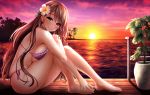  1girl bare_arms bare_legs bare_shoulders barefoot bikini blush breast_press breasts brown_eyes brown_hair closed_mouth clouds flower frilled_bikini frills full_body fushimi_(fukumi) gradient_sky hair_flower hair_ornament large_breasts leaning_forward long_hair looking_at_viewer ocean on_floor original plant potted_plant purple_bikini reflection sideboob sitting sky smile solo sun sunlight sunset swimsuit very_long_hair water white_flower wooden_floor 