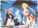  2girls ahoge artoria_pendragon_(all) artoria_pendragon_(swimsuit_archer) ass bangs beach_umbrella bikini black_bikini_top black_jacket black_legwear black_neckwear black_ribbon blonde_hair blue_sky blush breasts chair cleavage clouds day eating eyebrows_visible_through_hair fate/grand_order fate_(series) food foot_hold frilled_bikini_top green_eyes hair_intakes hand_on_own_chest holding holding_food jacket leaning_forward legs_crossed long_sleeves looking_at_viewer looking_back lounge_chair medium_breasts multiple_girls navel neck_ribbon nero_claudius_(fate)_(all) nero_claudius_(swimsuit_caster)_(fate) open_clothes open_jacket outdoors popsicle red_bikini red_ribbon ribbon shiseki_hirame short_hair side-tie_bikini sidelocks single_thighhigh sitting skirt sky standing stomach swimsuit thigh-highs twintails umbrella under_boob white_skirt yellow_eyes 