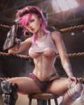  1girl abs arm_wrap blondynkitezgraja boxing_ring breasts crop_top earrings gauntlets goggles goggles_on_head jewelry knee_brace league_of_legends navel panties pink_hair sitting steampunk stool tattoo under_boob underwear vi_(league_of_legends) violet_eyes 