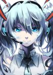  1girl bare_shoulders blue_eyes blue_hair commentary dated hair_between_eyes hair_ornament hatsune_miku headset highres long_hair looking_at_viewer microphone necktie portrait signature simple_background solo twintails vocaloid white_background wing_collar xiaobanbei_milk 