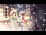 3girls bench black_hair brown_hair bucket_hat cabbie_hat character_request chihaya_72 christmas_tree dorothy_(princess_principal) glasses gloves hand_holding hat highres letterboxed long_hair multiple_girls outdoors pointing princess_principal scarf semi-rimless_eyewear short_hair snowing sweatdrop top_hat 