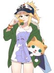  1girl 2girls ahoge alternate_costume artoria_pendragon_(all) bag blonde_hair bracelet candy citron_82 commentary_request cutoffs denim denim_shorts eyewear_on_head food fur_trim green_eyes green_jacket hat highres holding hood jacket jewelry lollipop looking_at_viewer mordred_(fate) mordred_(fate)_(all) multiple_girls ponytail saber_lily shirt shorts solo stuffed_animal stuffed_toy sunglasses tongue tongue_out white_shirt 