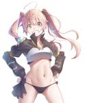  1girl black_panties blue_eyes cowboy_shot gem hands_on_hips highres hip_focus jewelry long_sleeves looking_at_viewer midriff milim_nava navel necklace panties pink_hair side-tie_panties simple_background smile solo stomach teeth tensei_shitara_slime_datta_ken twintails underwear white_background yamakou_(yamakou_e2) 