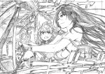  2girls absurdres breasts car casual convertible driving facial_mark fate/grand_order fate_(series) forehead_mark ground_vehicle highres kama_(fate/grand_order) kojima_takeshi large_breasts long_hair monochrome motor_vehicle multiple_girls palm_tree sesshouin_kiara sideboob smile traditional_media tree watch watch worried 