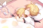  1boy 1girl bangs bed black_sailor_collar blonde_hair brother_and_sister closed_eyes commentary_request eyebrows_visible_through_hair hair_ornament hairclip headphones headphones_removed headset hug kagamine_len kagamine_rin kuroi_(liar-player) lying on_side parted_lips pillow profile puffy_short_sleeves puffy_sleeves ribbon sailor_collar school_uniform serafuku shirt short_sleeves siblings sleeping sleeveless sleeveless_shirt twitter_username under_covers vocaloid white_ribbon white_shirt wooden_floor 