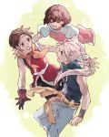  1girl 2boys breasts brown_hair closed_eyes commentary_request dress gensou_suikoden gensou_suikoden_ii gloves hairband hamagurihime jowy_atreides-blight multiple_boys nanami_(suikoden) open_mouth pants riou shirt short_hair smile 