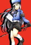  1girl armband black_footwear black_gloves black_shorts blue_headwear blue_shirt collared_shirt dress_shirt eyepatch floating_hair gloves hat highres holding imo_(evekelu-111) kneehighs lavenza leg_up loafers long_hair long_sleeves looking_at_viewer peaked_cap persona persona_5 red_background shadow shirt shoes short_shorts shorts silver_hair simple_background solo standing standing_on_one_leg very_long_hair white_legwear wing_collar yellow_eyes 