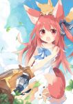  1girl :d animal animal_ear_fluff animal_ears animal_on_head bangs bare_arms bare_shoulders blue_bow blue_sky blurry blurry_background blush bow clouds commentary_request day depth_of_field dress dutch_angle eyebrows_visible_through_hair fang fox fox_ears fox_girl fox_on_head fox_tail hair_between_eyes hair_bow highres holding kushida_you lantern leaf long_hair looking_at_viewer on_head open_mouth original outdoors red_eyes redhead sky sleeveless sleeveless_dress smile solo suitcase sundress tail very_long_hair white_dress 