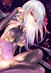  1girl bangs black_legwear breasts commentary_request detached_sleeves dress earrings eyebrows_visible_through_hair fate/grand_order fate_(series) hair_between_eyes hair_ornament hair_ribbon hinot jewelry kama_(fate/grand_order) large_breasts long_hair looking_at_viewer parted_lips purple_dress red_eyes red_ribbon ribbon silver_hair sleeveless smile solo teeth thigh-highs 