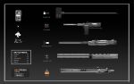  black_background cannon crane directional_arrow english_text gradient gradient_background grey_background gun highres lightning_bolt machine_gun no_humans original railgun science_fiction sledgehammer translation_request weapon yurichtofen 