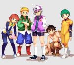  5boys arm_behind_back arm_support blonde_hair blue_bodysuit blue_pants bodysuit boots bowl_cut bright_pupils brown_eyes brown_hair carrying closed_mouth doraemon doraemon:_nobita_no_getsumentansaki doraemon:_nobita_no_himitsu_dougu_museum doraemon:_nobita_no_nihon_tanjou doraemon:_nobita_no_takarajima doraemon:_nobita_no_uchuu_kaitakushi flock_(doraemon) geetgeet green_eyes green_jacket grey_background hands_in_pockets jacket jumpsuit kukuru_(doraemon) kurt_hartmann letterman_jacket looking_at_viewer luca_(doraemon) male_focus multiple_boys pants popon_(doraemon) red_footwear ropple shorts silver_hair smile squatting vest whistle 