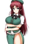  1girl arms_under_breasts beret braid breasts buttons china_dress chinese_clothes dress eyebrows_visible_through_hair green_headwear hair_between_eyes hat highres hong_meiling isshin_(sasayamakids) jewelry large_breasts long_hair necklace open_clothes open_skirt puffy_short_sleeves puffy_sleeves redhead shirt short_sleeves simple_background skirt smile solo star tangzhuang thighs touhou twin_braids white_background white_shirt 