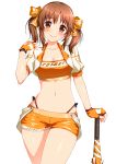  1girl bandeau bangs blush booth_babe breasts brown_eyes brown_hair cleavage closed_mouth cosplay cropped_jacket gloves hair_ribbon hand_up head_tilt highleg highleg_panties idolmaster idolmaster_cinderella_girls jacket long_hair looking_at_viewer medium_breasts midriff navel open_clothes open_jacket orange_ribbon orange_shorts panties racequeen ribbon short_shorts shorts side-tie_panties sidelocks simple_background smile solo stomach totoki_airi twintails umbrella underwear white_background yoyomura 