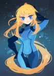  1girl artist_name blue_background blue_bodysuit blue_eyes blue_gloves bodysuit breasts commission covered_navel dated gloves gradient gradient_background grey_background hand_up long_hair metroid nintendo parted_lips ponytail projecttiger samus_aran simple_background small_breasts solo standing star thigh_gap very_long_hair zero_suit 