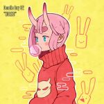  1girl aqua_eyes bangs blush bubble_blowing english_text hanaan horns medium_hair oni_horns original outline pink_hair print_sweater red_sweater solo sweater transparent turtleneck turtleneck_sweater white_outline yellow_background 