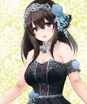  1girl ame-rain armlet bangs bare_shoulders black_dress black_hair blue_eyes blue_flower blue_rose blush breasts cleavage dress eyebrows_visible_through_hair flower hair_between_eyes hair_flower hair_ornament highres idolmaster idolmaster_cinderella_girls idolmaster_cinderella_girls_starlight_stage jewelry large_breasts long_hair looking_at_viewer necklace open_mouth rose sagisawa_fumika smile solo tiara upper_body 