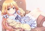  1girl :o armchair ayase_midori bangs blonde_hair blue_bow blue_dress blush bow brown_eyes brown_jacket chair commentary_request dress eyebrows_visible_through_hair futaba_anzu grey_background hair_bow idolmaster idolmaster_cinderella_girls jacket long_hair long_sleeves looking_at_viewer looking_to_the_side low_twintails lying off_shoulder on_back on_chair open_clothes open_jacket parted_lips plaid plaid_dress simple_background sleeveless sleeveless_dress sleeves_past_fingers sleeves_past_wrists solo striped striped_bow twintails very_long_hair 