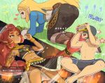  1boy 2girls ass blonde_hair blush dark_skin frog gerudo gonzarez green_eyes head_mounted_display highres jewelry mask multiple_girls navel nintendo nintendo_labo one_eye_closed panties pants pantyshot photo pointy_ears princess_zelda redhead smile the_legend_of_zelda the_legend_of_zelda:_breath_of_the_wild underwear veil 