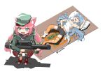  2girls animal_ear_fluff animal_ears assault_rifle bike_shorts blue_eyes cat_ears chernoshka closed_eyes collarbone eyebrows_visible_through_hair g11_(girls_frontline) girls_frontline green_jacket grey_hair gun h&amp;k_g11 hair_bobbles hair_ornament hinata_channel holding holding_gun holding_weapon jacket long_hair low_twintails lying mismatched_legwear multiple_girls nekomiya_hinata on_back orange_legwear pillow pink_hair rifle scarf sleeping standing striped striped_legwear tank_top thigh-highs twintails virtual_youtuber weapon white_background 