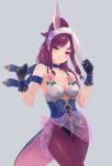  1girl animal_ears blush breasts choker cleavage closed_mouth fake_animal_ears fire_emblem fire_emblem:_seima_no_kouseki fire_emblem_heroes frilled_choker frills gloves grey_background highres leonmandala leotard marica_(fire_emblem) medium_breasts nintendo ponytail purple_hair rabbit_ears simple_background solo violet_eyes 