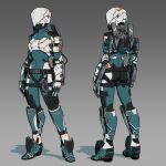  1girl absurdres alpyro armor ass bodysuit commentary cyborg english_commentary full_body gradient gradient_background helmet highres original science_fiction skin_tight 