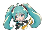  1girl :o ahoge bangs black_legwear black_skirt black_sleeves blue_eyes blush chibi collared_shirt detached_sleeves eighth_note eyebrows_visible_through_hair green_hair green_neckwear hair_between_eyes hair_ornament hatsune_miku headset long_hair long_sleeves lowres melings_(aot2846) musical_note necktie open_mouth pleated_skirt round_teeth shirt skirt sleeveless sleeveless_shirt solo teeth thigh-highs twintails upper_teeth very_long_hair vocaloid white_shirt 